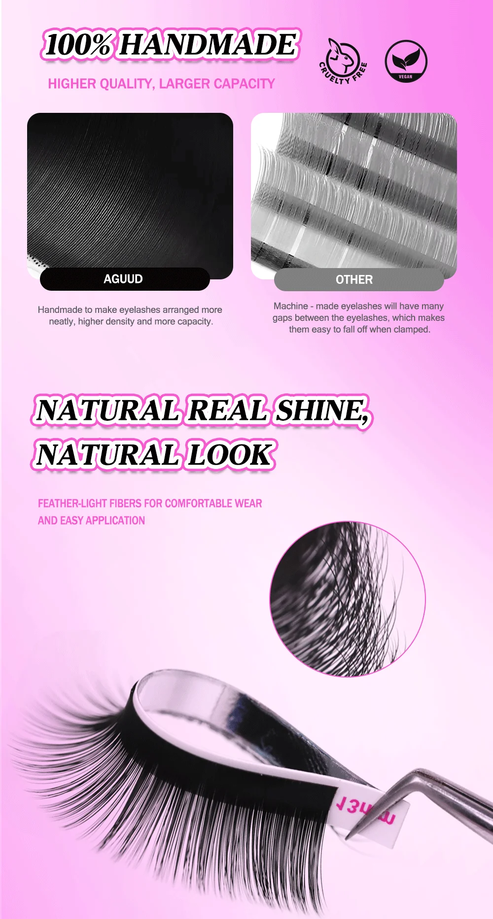 AGUUD 20 Reihen Luxus Baby-Kaschmir Volumen-Wimpernverlängerungen, weiche, leicht fächerbare Wimpern mit separater Basis, klassische Wimpern XL Tray – Detail 3