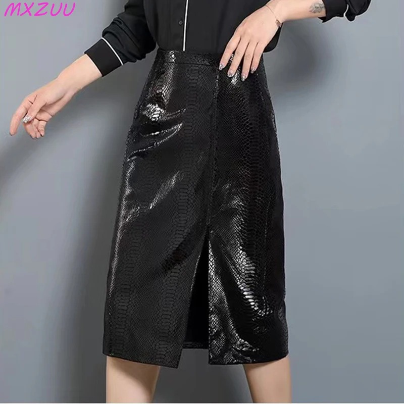 Harajuku Leather Skirt Women's Black Alligator Print High Waist A-line Wrap Hip Midi Flada Mujer Slit Hem Sheepskin Saias XXXXL