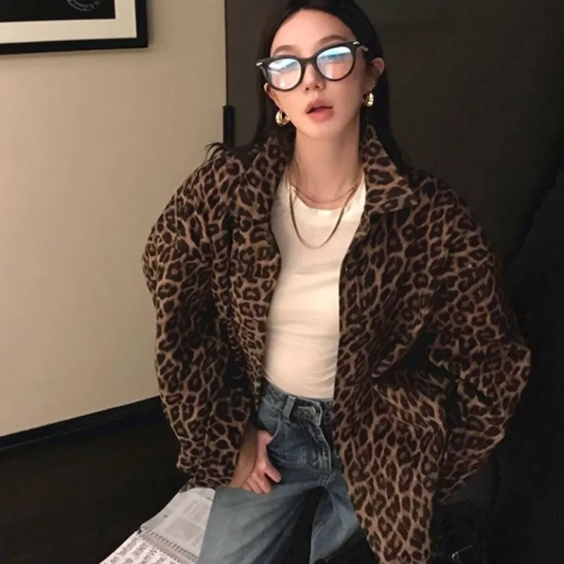 QWEEK Leopard Vintage Shirts Gyaru Oversized Streetwear Stylish Women\'s Blouse American Retro Long Sleeve Outerwears Autumn