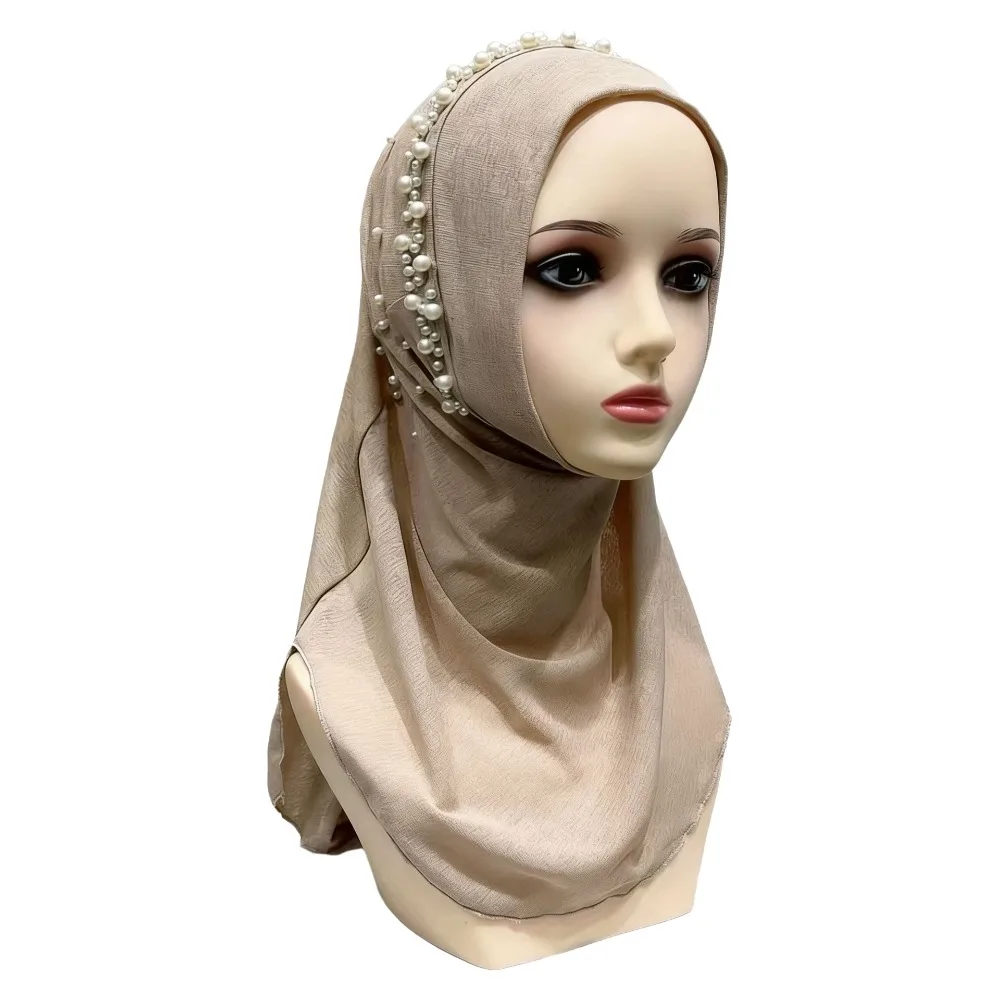Pearl Beaded Trim Women Turban Cap Elastic Fit Solid Color Pull On Head Wrap Full Coverage Pull On Elastic Head Cover