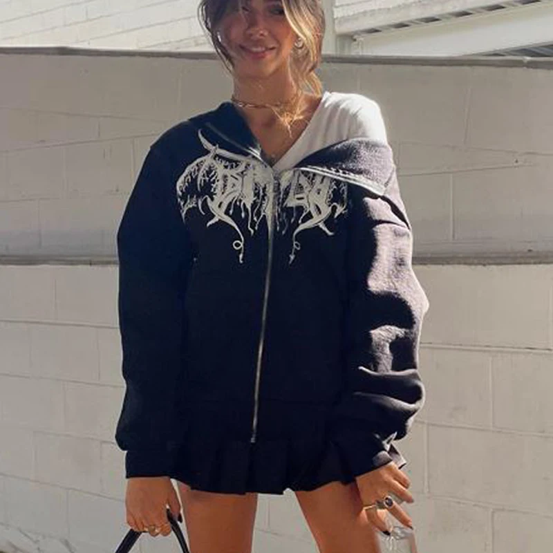 

2024 American Winter Zipper Warm Hoodie Y2k Vintage Hip Hop Loose Harajuku Casual Sweatshirt Gothic Fashion Trend Women Clothing