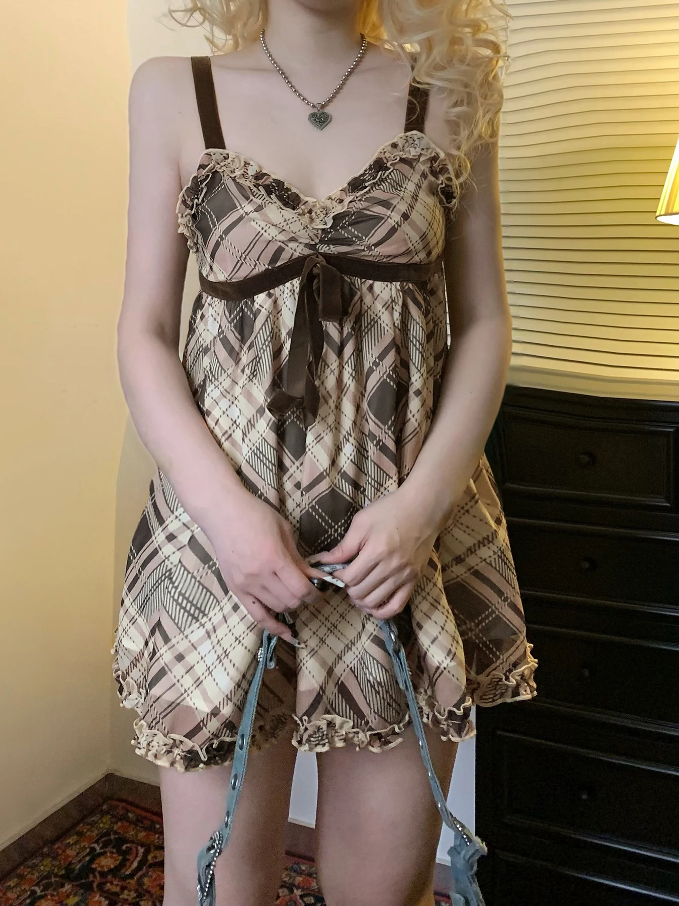 Sweet Plaid Bow Cute Simple Camisole Dresses Tops Fashion All-Match Retro Women Home Clothing image 3