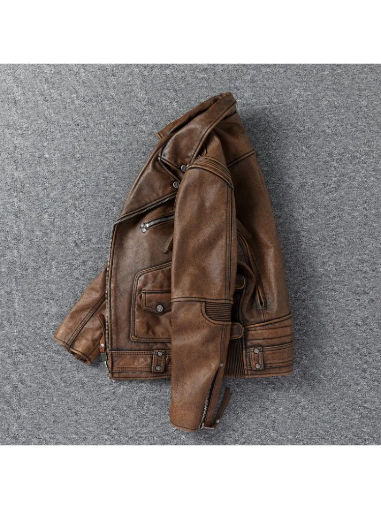 Vintage Distressed Heavy-Duty Echtlederjacke, Gelbbraune Vollnarben-Rindsleder Slim Fit Kurze Herren-Reitjacke