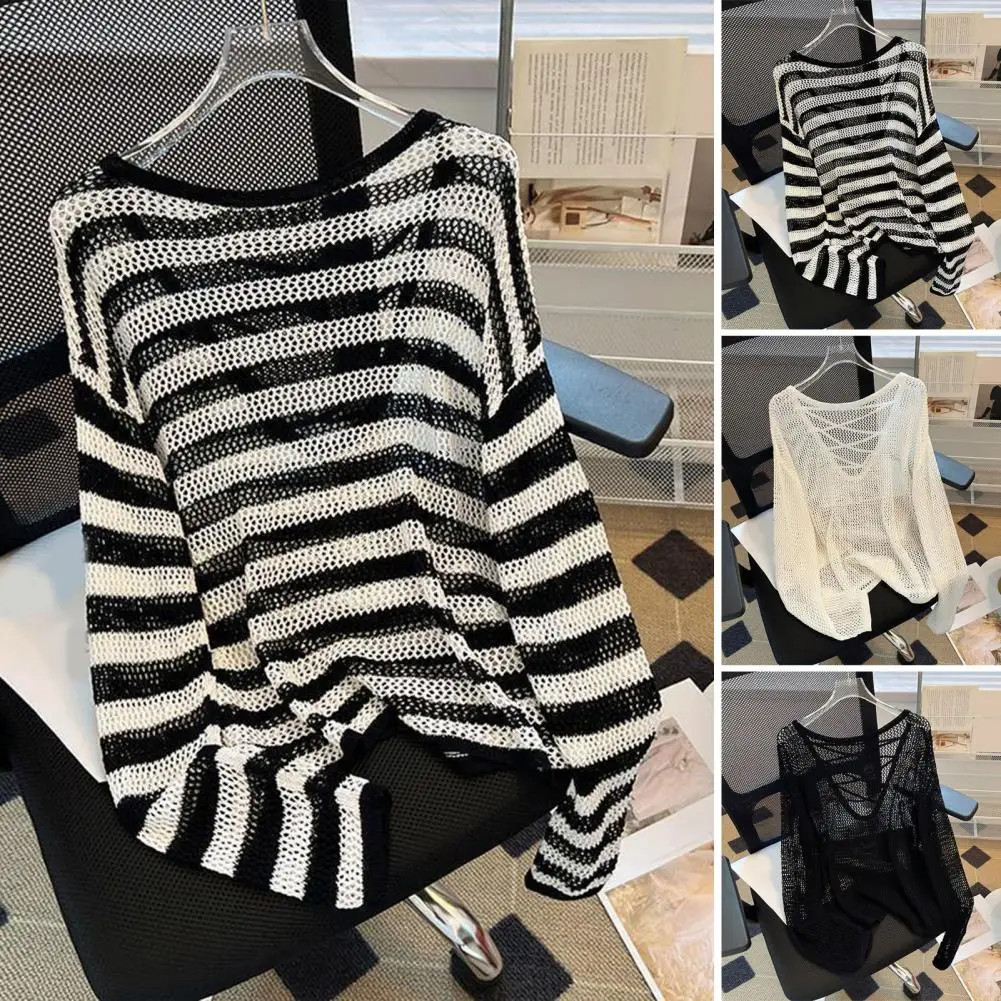 

Off Shoulder Backless Striped Cropped Sweater Women Vintage Oversize Knit Jumper Female Autumn Long Sleeve O-neck Pullovers Tops