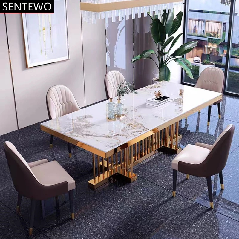 

Luxury Rock Slab Dining Table and 8 Chairs Set Stainless Steel Gold Base Faux Marble Table Home Furniture мебель для кухни