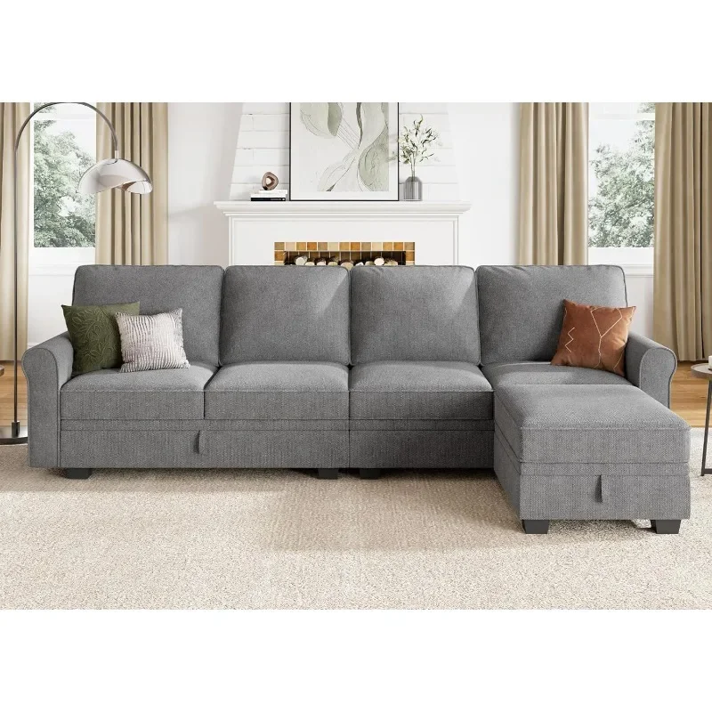 Sofá y asiento de almacenamiento Sofá combinado en forma de L con sillón reclinable reversible Sofá combinado pequeño para sala de estar, gris claro