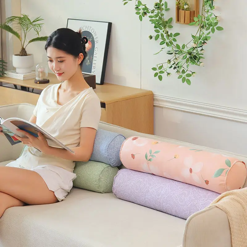 Cylindrical Long Bolster Pillow, Floral Print Neck Support Pillow, Soft Cotton Round Tube Cushion for Sofa Bed Home Decor