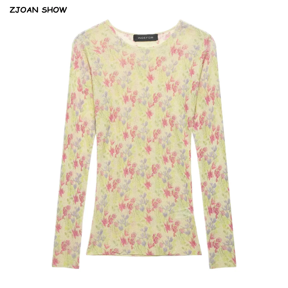CHIC Spring Autumn Women Yellow Gradient Floral Print O Neck Knitted Pullover Sweater Slim Fit Long Sleeve Jumper Short Knitwear