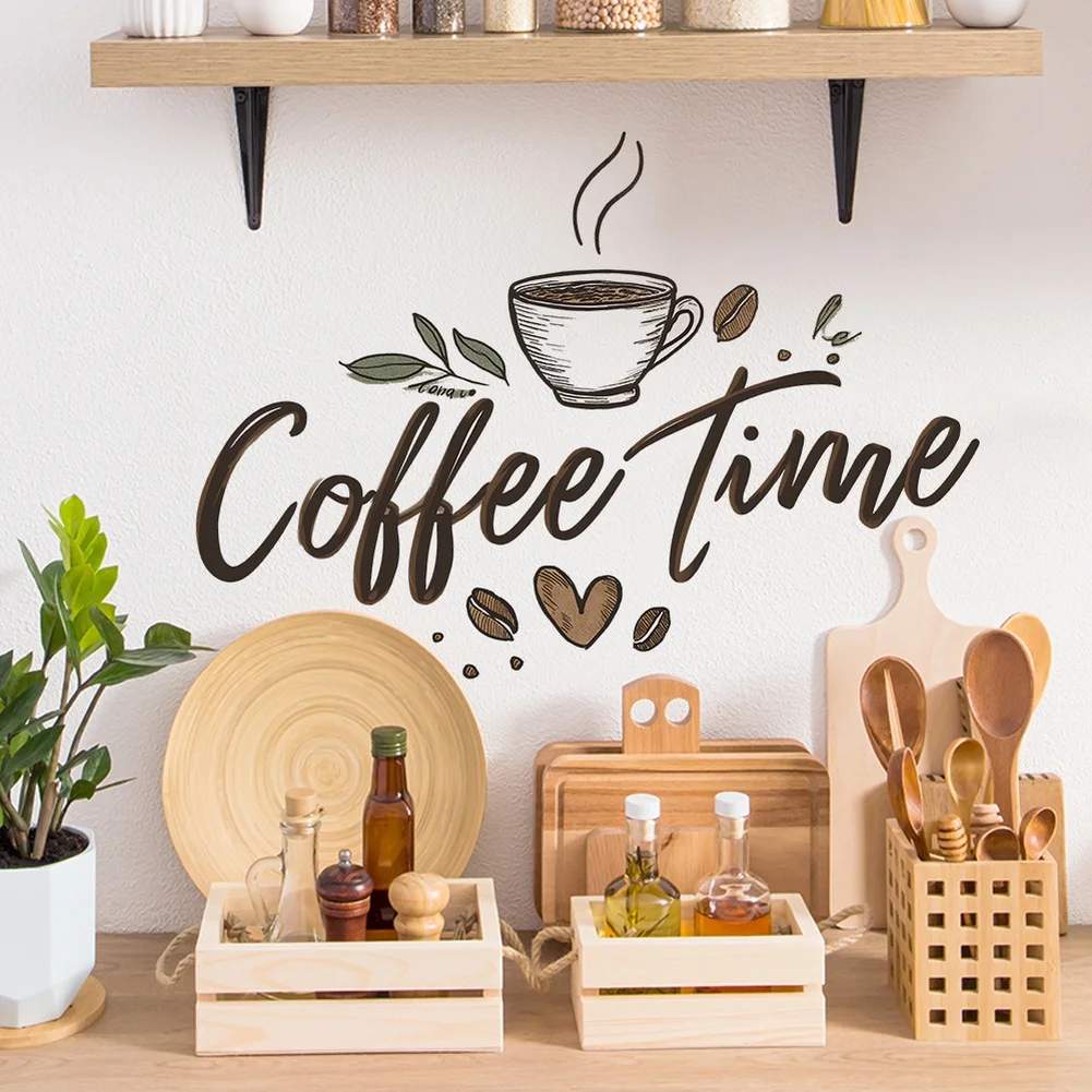 Brown PVC Coffee Wall Sticker with English Text for Restaurant Cafe Kitchen Office Bar Shop Home Decor 40 by 29cm Size