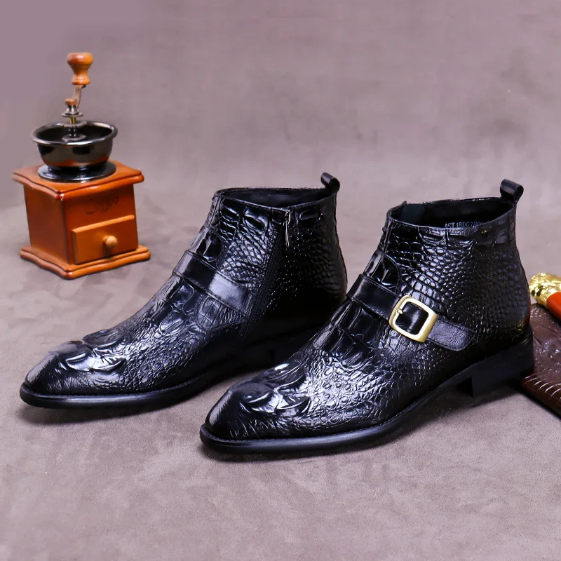 Botas de cuero con hebilla para hombre, botines de piel de vaca de piel auténtica con relieve de cocodrilo, botas cortas de negocios con punta estrecha y cremallera para hombre