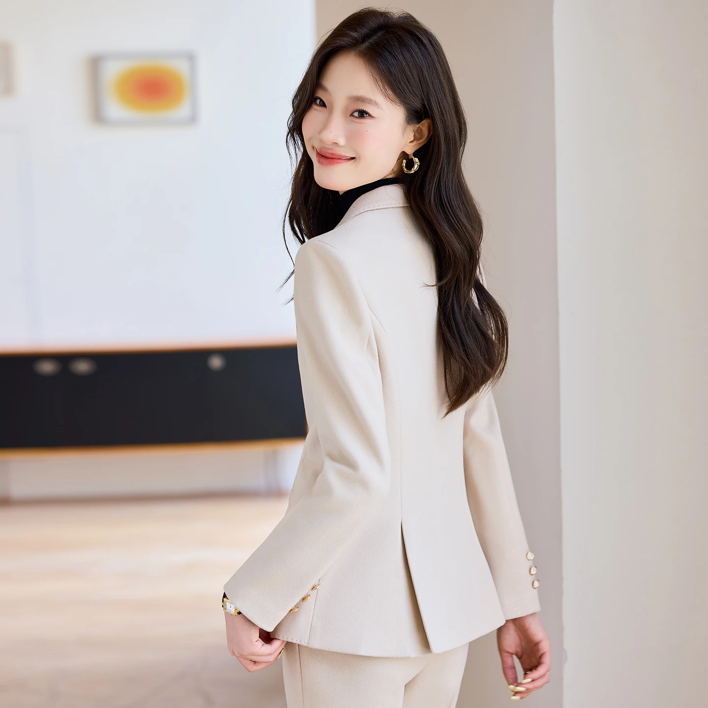 NAVIU موضة الكاكي المرأة بدل رجالي 2 قطعة مجموعة جديدة مكتب السيدات الإناث الأعمال ملابس العمل سترة رسمية وبنطلون