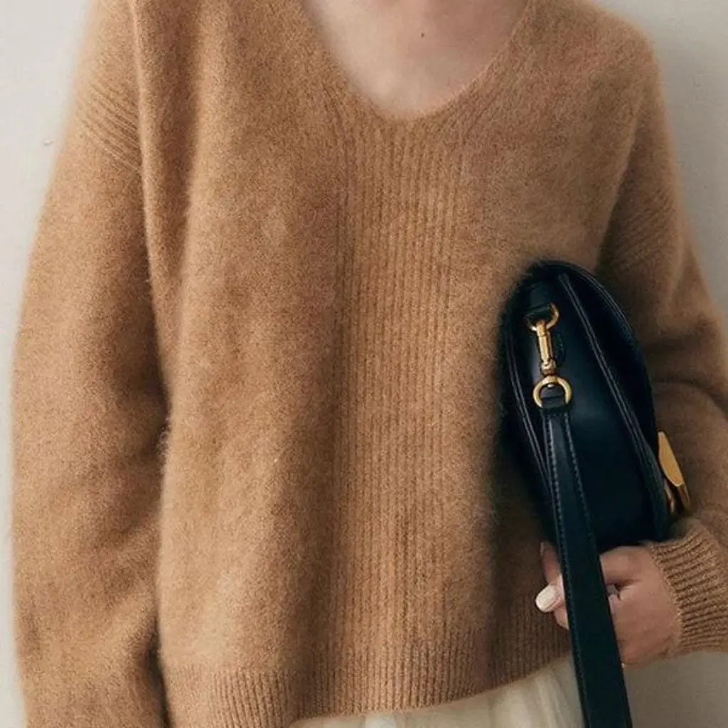 Weicher, wachsartiger Damen-Strickpullover mit V-Ausschnitt und langen Ärmeln, lockere Passform, modisches Oberteil, reine Farbe, Herbst-Winter, fauler Stil