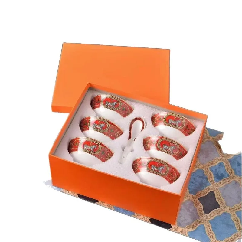 

Orange Oriental Horse Picture Bone Porcelain Rice Bowl 4.5 Inch Bird's Nest Soup Bowl 6 Bowls 6 Spoons Gift Box