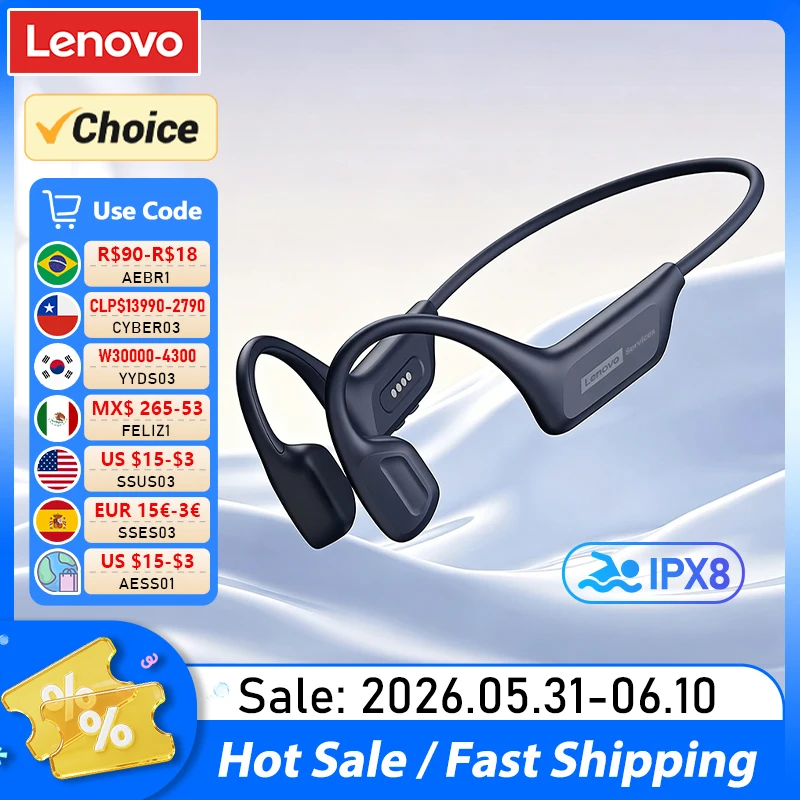 Écouteurs à conduction osseuse étanches IPX8 Lenovo S106, Bluetooth 6.0, casque MP3 avec mémoire intégrée de 32 Go, casque sport sans fil avec micro