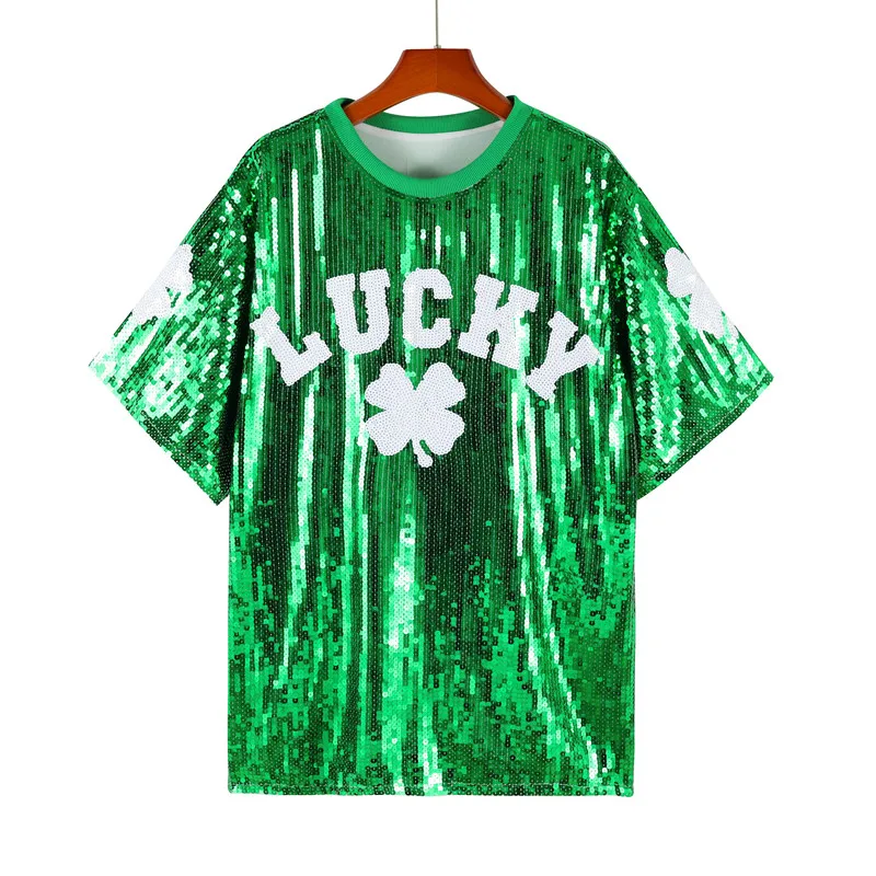Summer New Fashion Sequined Women Lucky Grass Print Tops Simple Round Neck Casual Short Sleeved T-shirt