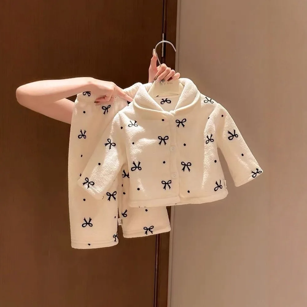 

Winter Children Girl 2PCS Pajamas Set Cotton Velvet Cartoon Printed Kids Girls Coat Fleece Thick Baby Girls Pant Homewear Outfit