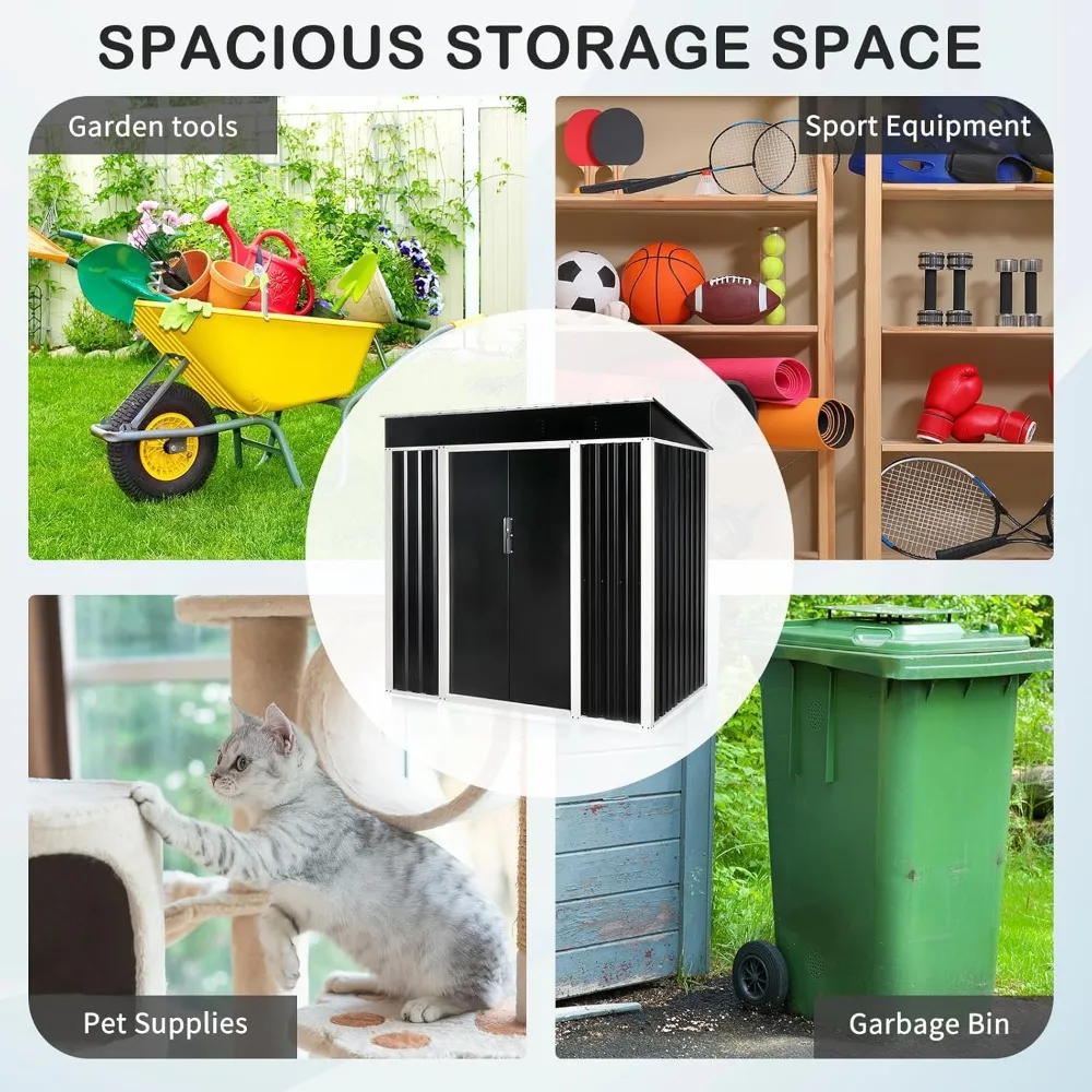 سقيفة تخزين معدنية خارجية مقاومة للعوامل الجوية مقاس 6 × 4 أقدام مع باب قابل للقفل وسقف مائل للفناء والأدوات