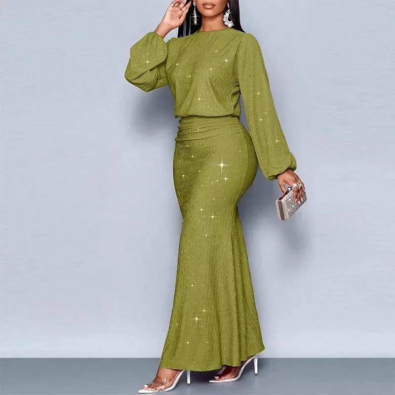 Elegant O-neck Long Sleeve Fishtail Dress Women Fashion Hight Waist Draped Long Dress Casual Shiny Sequins Solid Party Dresses