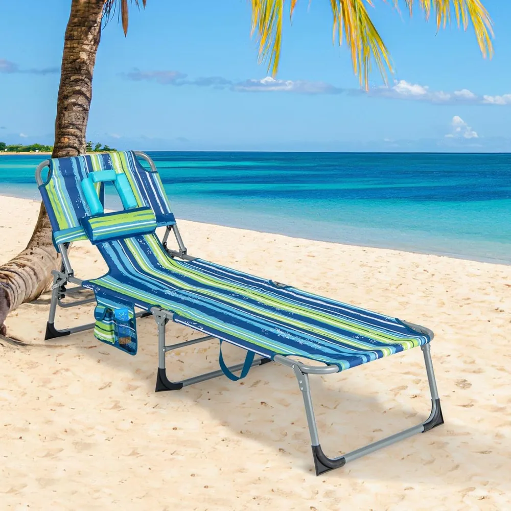 

Folding Adjustable Patio Lounge Chair with Face Hole, Removable Pillow, 330LBS, Carry Strap, Outdoor Sunbathing Chair Furniture