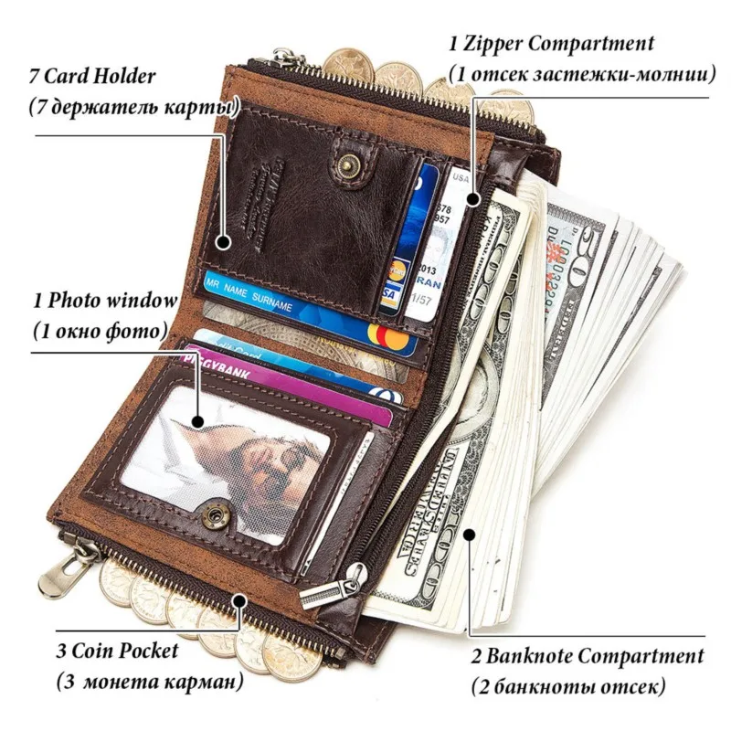 Luxury Genuine Leather Men's Wallet with Chain RFID Blocking Double Zipper Coin Purse Business Credit Card Holder Cartera Hombre
