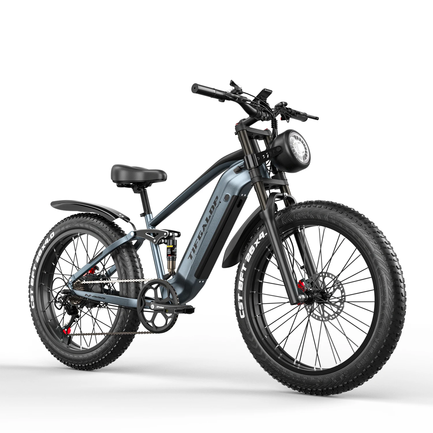 Vélo électrique adulte TIFGALOP ES28, moteur 1000W, batterie 48V 22AH, pneus larges de 26 pouces, autonomie de 45-90 kilomètres, bleu.