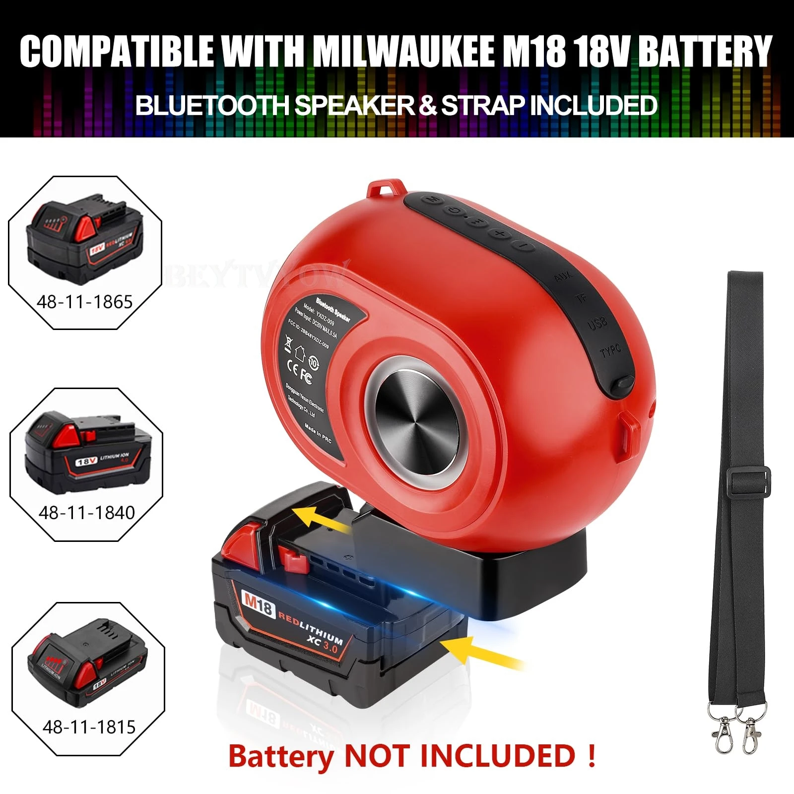 

Динамик Bluetooth, совместимый с аккумулятором Milwaukee 18V, беспроводным динамиком с HD Sound, BT 5.3, Aux TF USB -входной динамик Bluetooth -динамик with USB-A & USB-C fast charging ports and LED Light