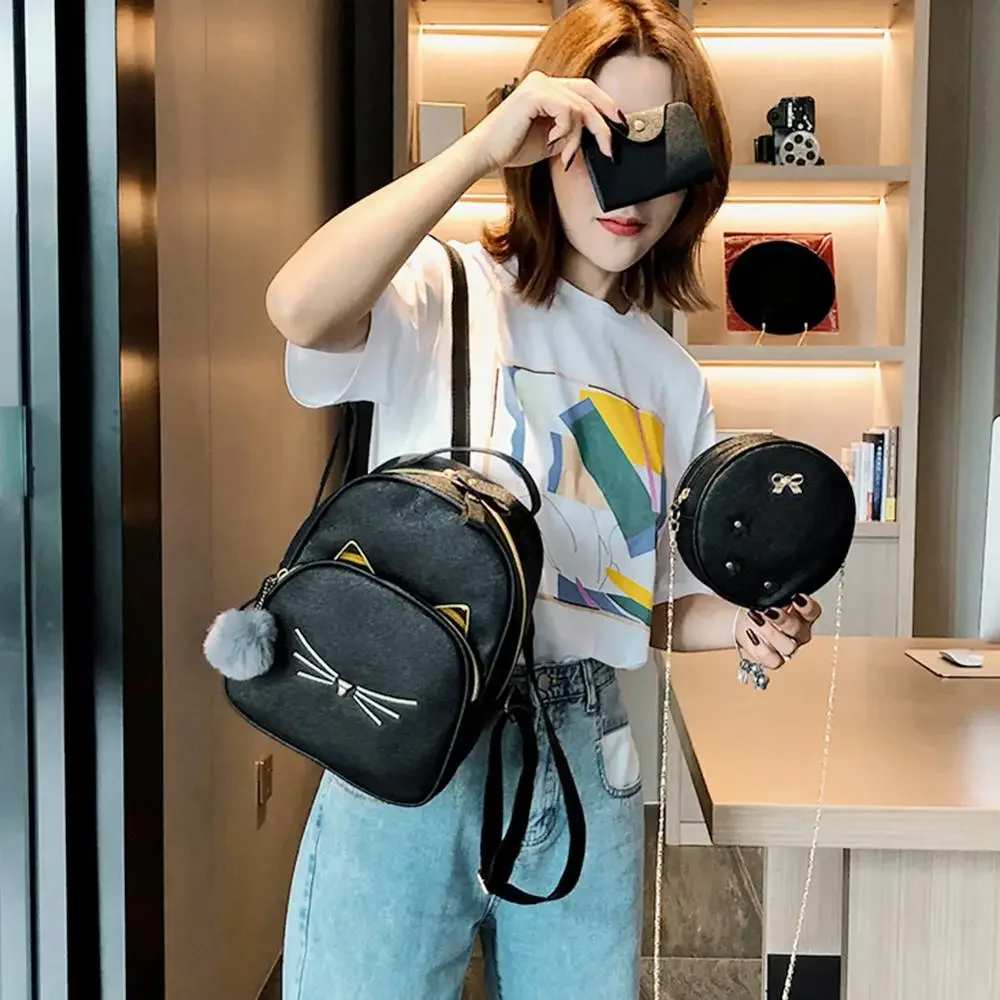 Travel Backpack Women Rucksack Teenagers 2023 Student School Bags for Girls Cartoon Cat PU Leather Satchel Black Shoulder Bag