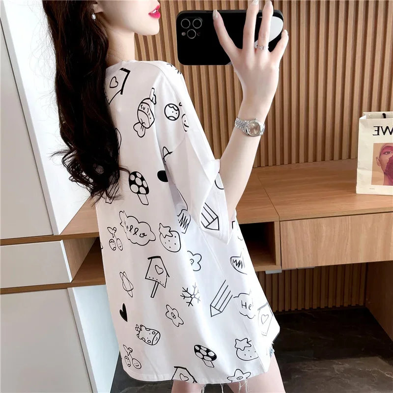 Summer Korean Style Loose Mid-length Designer Top Bear Print  Short-sleeved T-shirt Women Kawaii Clothes Graphic Tees