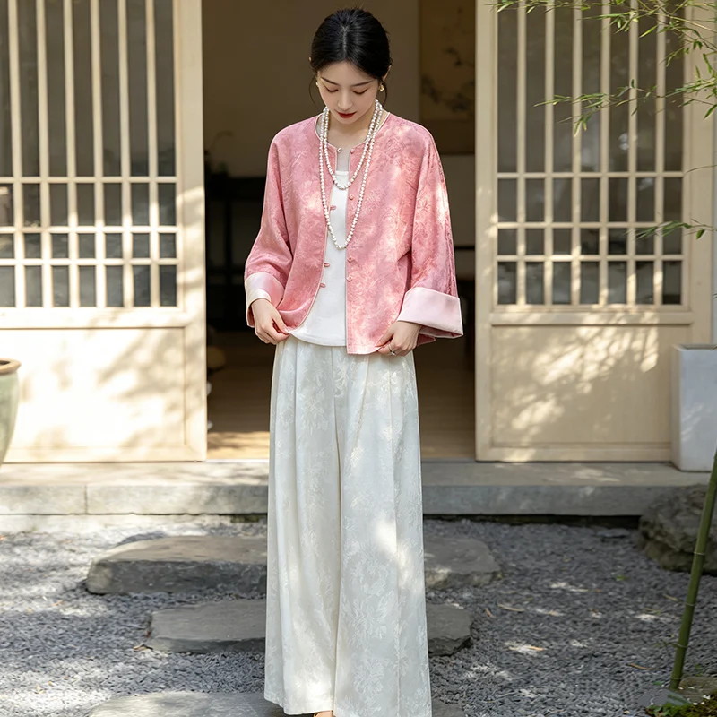 New Chinese Style Autumn Silk Fabric Embroidered Sleeveless National Trend Outerwear Strap Wide Leg Pants Three-piece Set