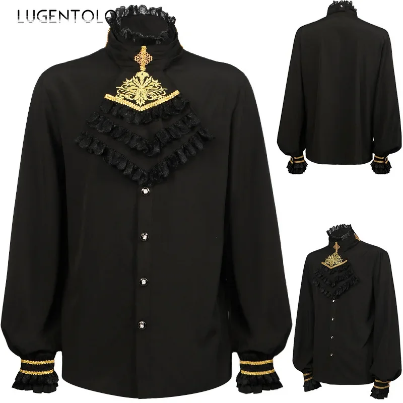 Men Halloween Tuxedo Shirts Embroidered Collar Ruffles Long Sleeve Top Medieval Renaissance Male Party Retro Casual Loose Cloth