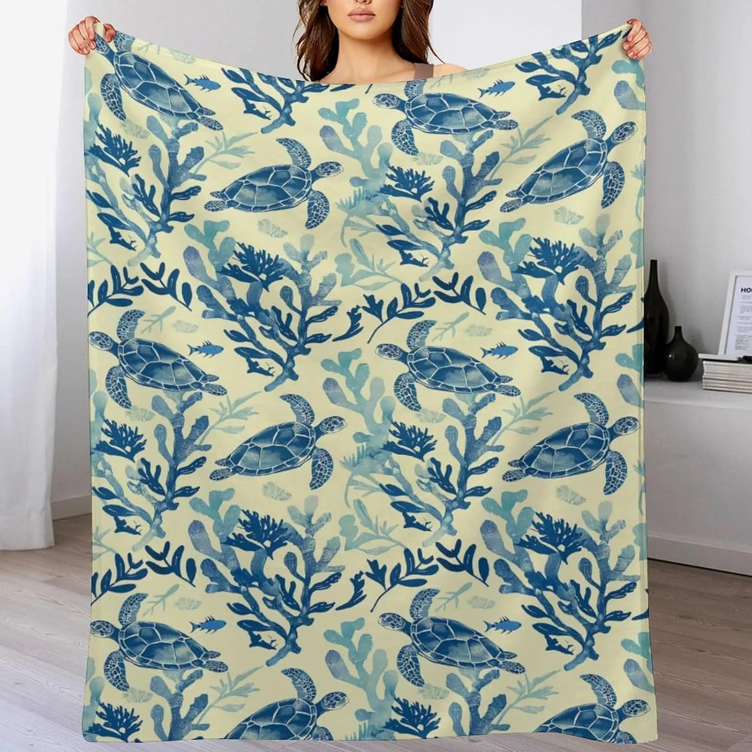 Cozy Sofa Cover Modern Turquoise Seashore Print Throw Blanket Marine Wildlife Bed Sleep Companion Holiday Gift Decor