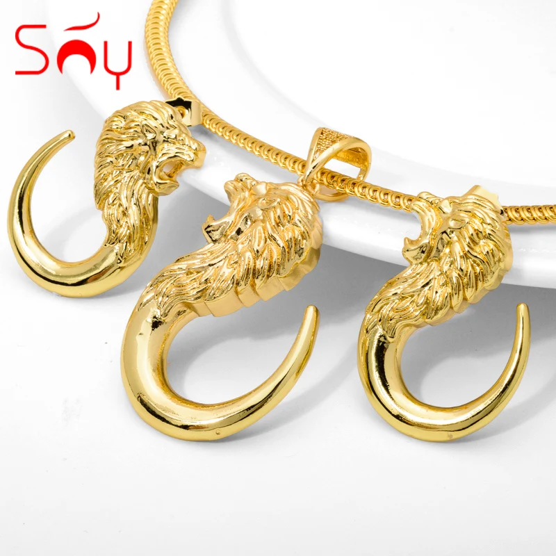 Sunny Jewelry Sets Hip Hop Lion Head Exaggerated Design Earrings Pendant Necklace  Women Copper Gold Plated  High Quality