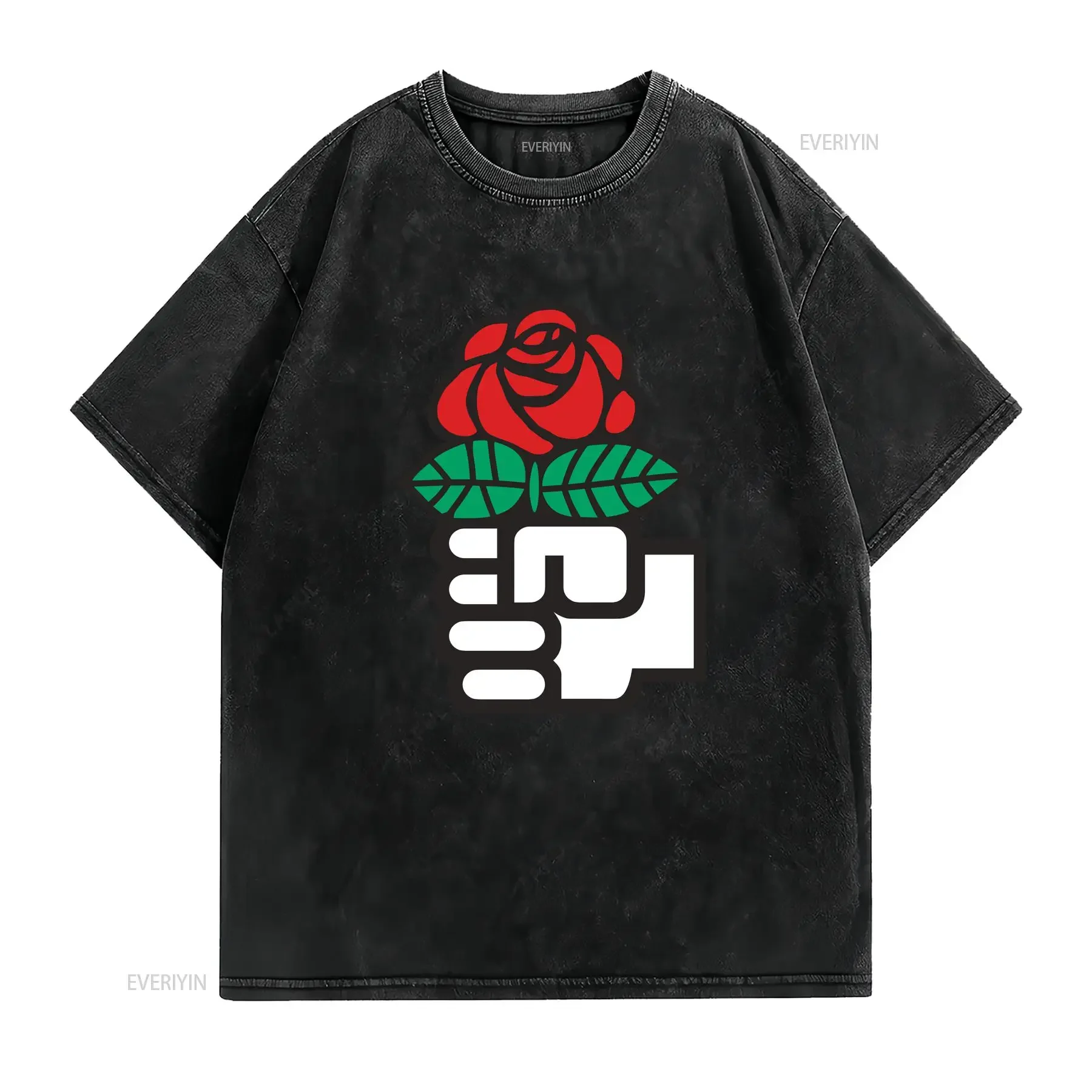 Socialism Fist and Red Rose Socialist Symbol T Shirt vintage Washed homme Unisex Breathable Casual Stylish Stretched Slightly