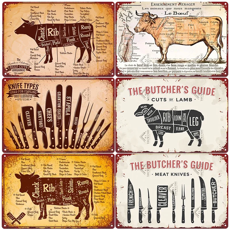 The Butcher\'s Guide Vintage Metal Signs, Kitchen Poster Cuts of Beef, Pork, Duck, Fish, Shop Wall Decor, Tin Sign, 20x30cm