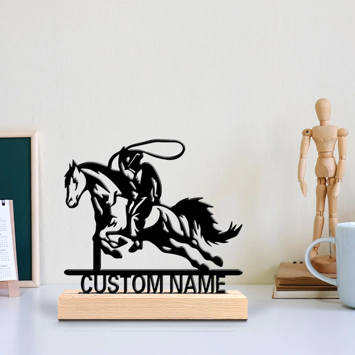 1pc Abstract Horse rider Customized Name Metal Statue Iron Ornament Handicraft With Wood Base Iron Sculpture For Children Gifts