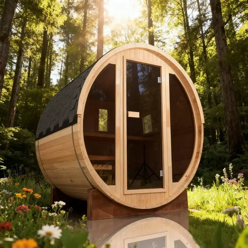 2 Person Cedar Wood Barrel Sauna House Outdoor Electric Steam Room Kit with Smart WiFi Heater Natural Finish Portable Spa