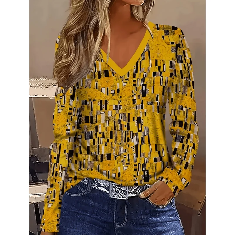 New Arrival Women's Casual Long Sleeve Top V Neck Plaid Patchwork Printed Painting Graphic Fashion Loose Comfortable T Shirt