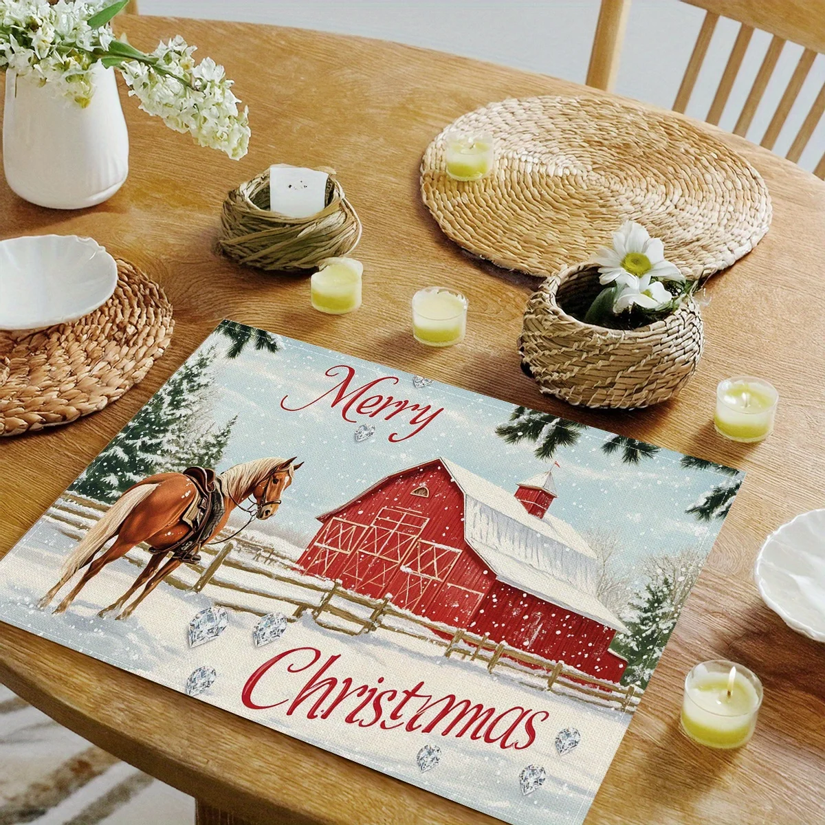 4pcs Festive Christmas Placemats Snowy Red Barn  Horse Scene Polyester Digital Print, 18x12 Inches Hand Wash