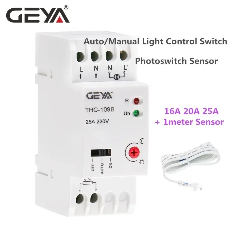 GEYA On Off Photocell Light Controller Switch with Sensor 16A 25A AC220V Din Rail Smart Light Switch