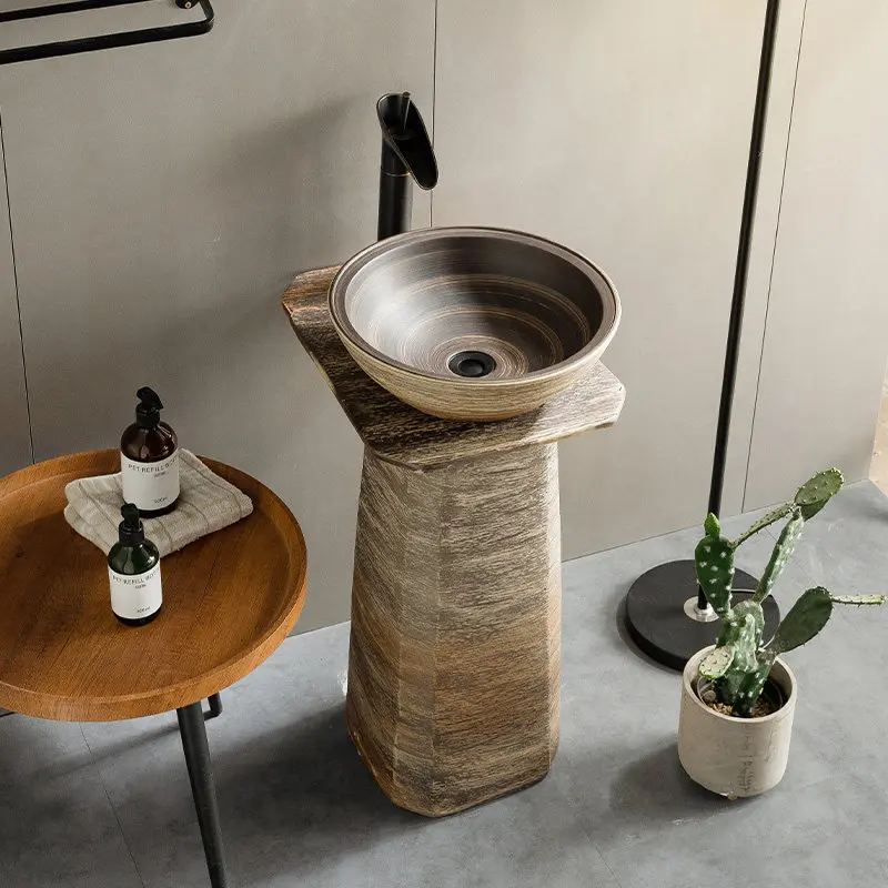Vintage Ceramic Floor Standing Pedestal Sink, Outdoor Hand Wash Basin for Courtyard, Garden, Home, Wash Station