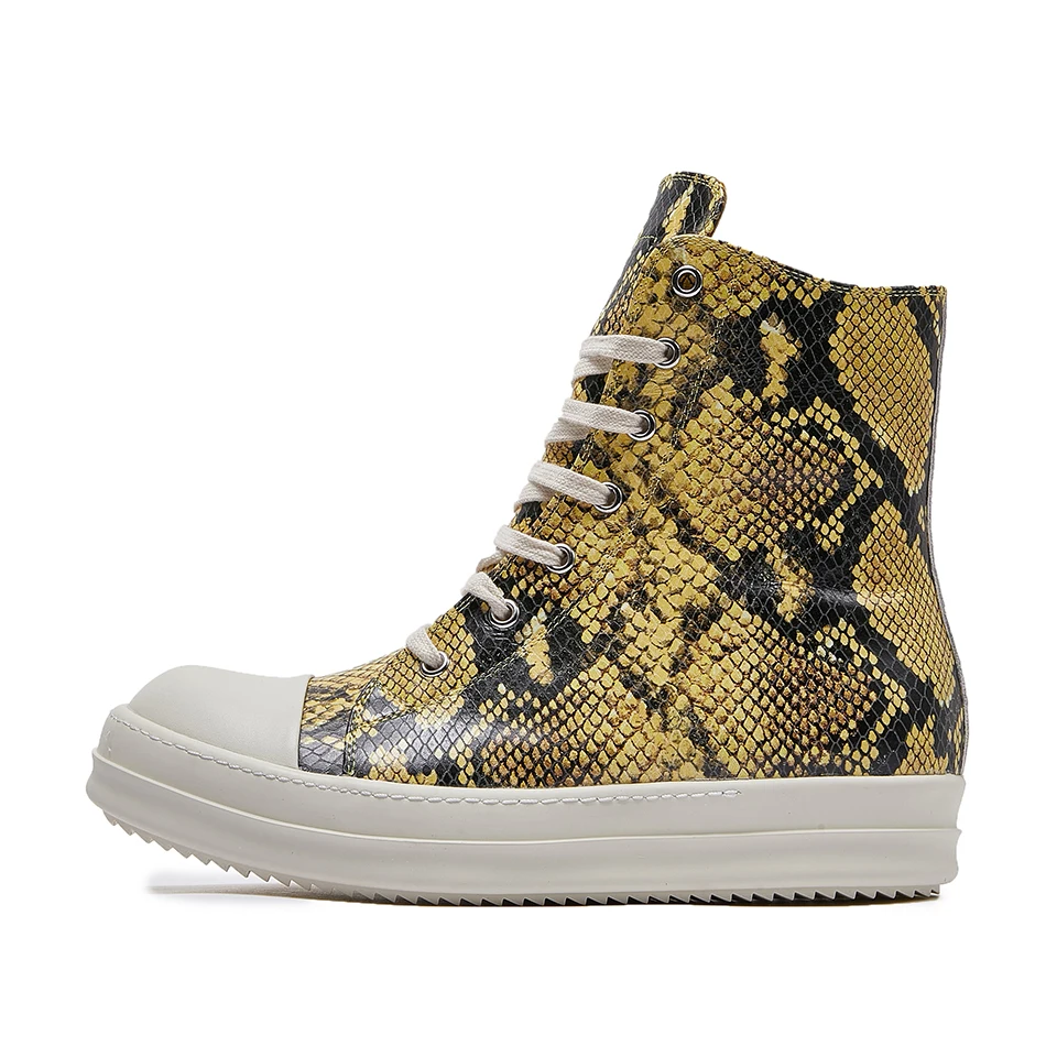 Men's Casual Shoes Womem's Sneakers Yellow Cowhide With Python Pattern Shoes For Men Lace-up Fashion Zip High Top RO Men's Shoes