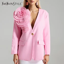 TWOTWINSTYLE Spliced Appliques Blazers For Women V Neck Long Sleeve Single Breasted Patchwork Pockets Blazer Female Clothing New