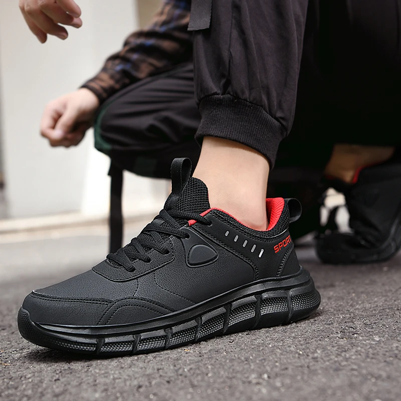 

Мужские кожаные кроссовки, повседневные прогулочные туфли на плоской подошве со шнуровкой, легкие удобные черные противоскользящие кроссовки для спорта на открытом воздухе