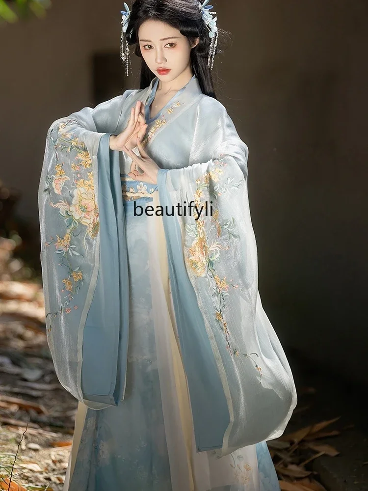 Original Women's HanFu Wei Jin Southern and Northern Dynasties Big Sleeve Cross Collar Waist Skirt Embroidery Suit