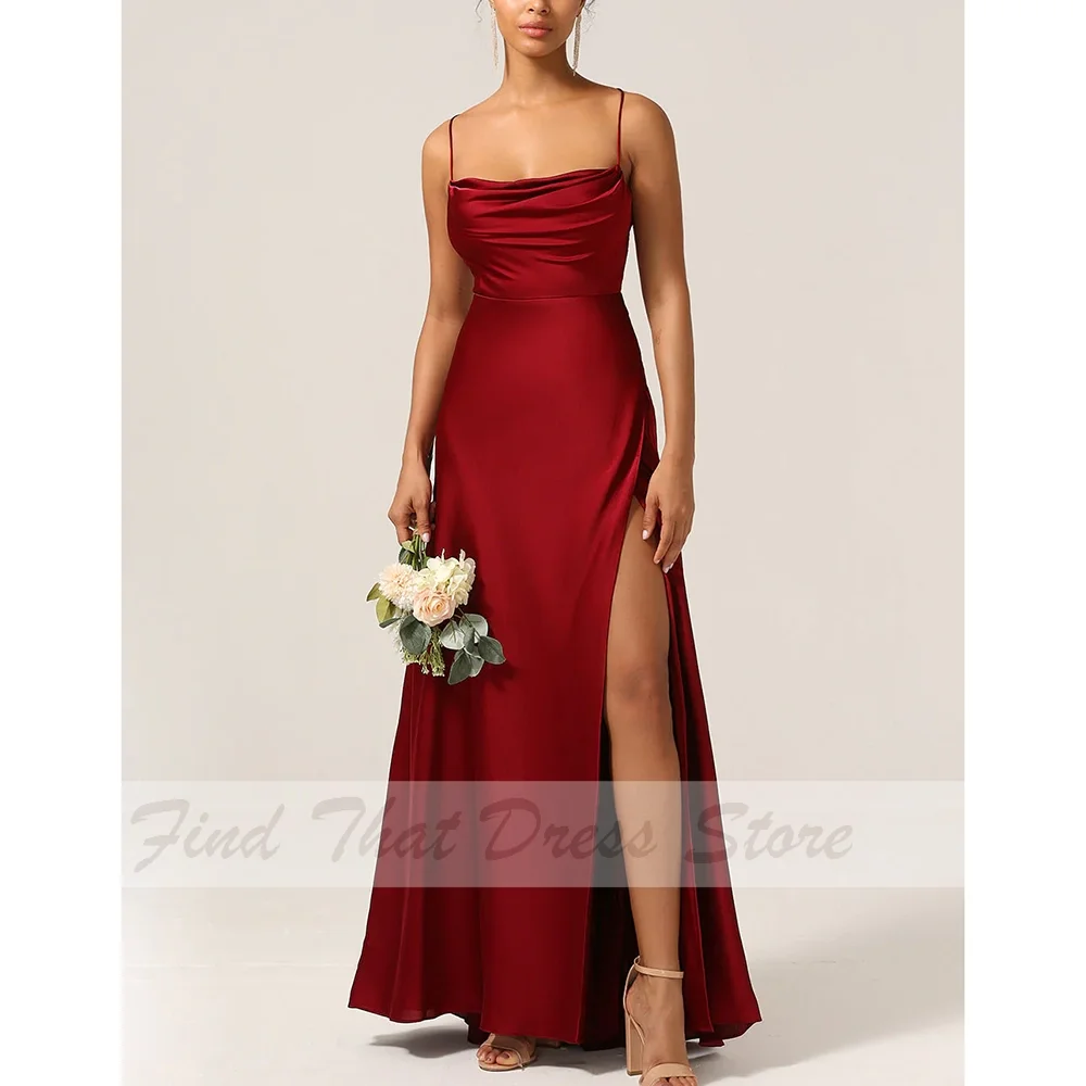 

Custom Made Simple Spaghetti Straps Pleated Side Slit Lace up Back Bridal Evening Gown Sheath Sexy Prom Party Dress with Train