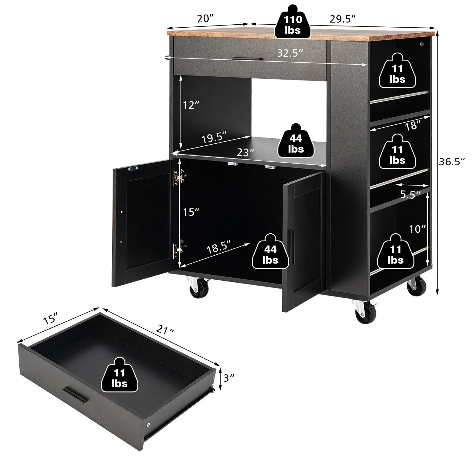 Costway Kitchen Island Cart Rolling Storage Cabinet w/ Drawer & Spice Rack Shelf Black