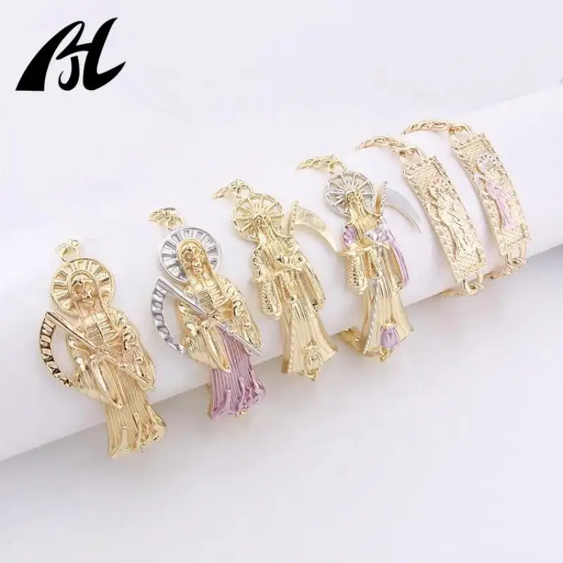 Pulseras para hombre Oro Laminado 14K 18K chapado en oro joyería religiosa Santa Muerte de la Santa pulsera dijes al por mayor