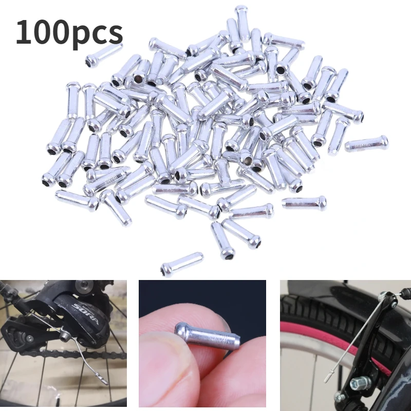 100pcs Bicycle Cable End Caps Aluminum Alloy MTB Bike Brake Shifter Cable Tips Wire End Cap Silvery Colors Bike Line Core Caps