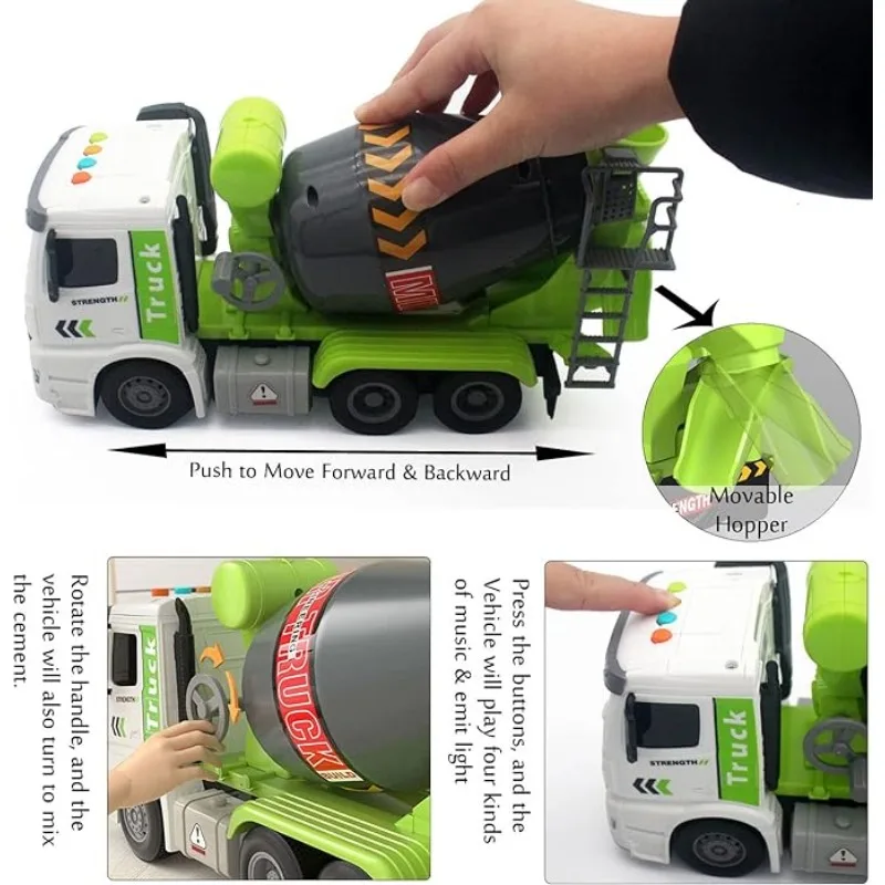 Large Simulation Children Engineering Vehicle Cement Mixer Truck Model Toy Push and Go Friction Powered Cars with Music & Light