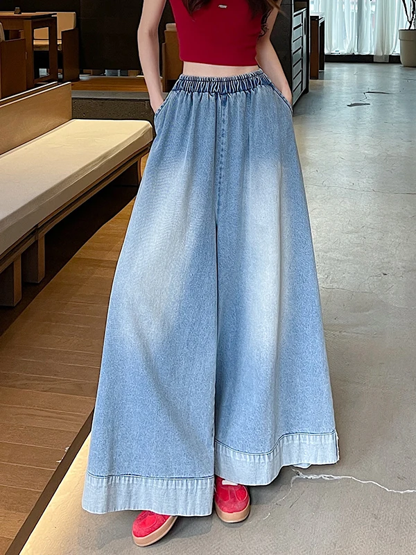 Casual High Waist Wide Leg Jeans Women's Loose Fit Summer Fashion plus Size American Style Cuffed Casual Denim Skirt Pants